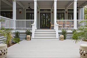 Gray-Composite-Decking-TimberTech-AZEK-Harvest-Collection-Slate-Gray-Premier-Rail-Multi-Level-Deck Gray composite decking featuring Southern-style porch with TimberTech AZEK Harvest Collection Slate Gray