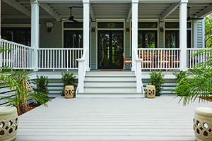 Deck size and shape can vary - an image of a split level deck and rail in the back of a home