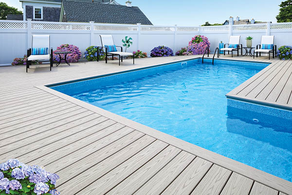 Cool toned light colored composite decking includes Slate Gray