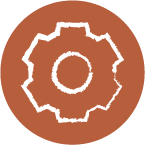 Illustrated icon of a gear indicating function.