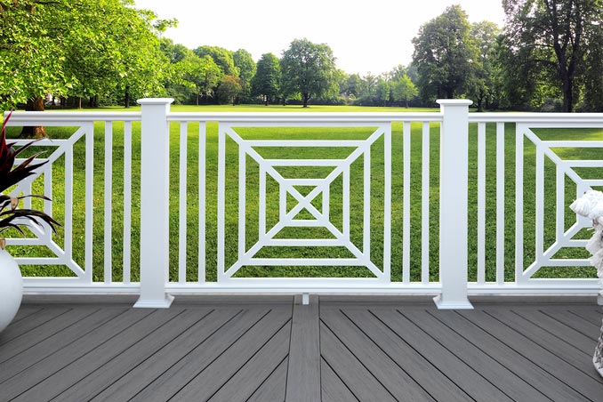 Pinnacle rail in white with white square web decorative panels infill