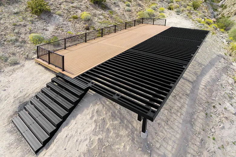 Aerial shot of TimberTech Aluminum Framing substructure with decking installed on one side