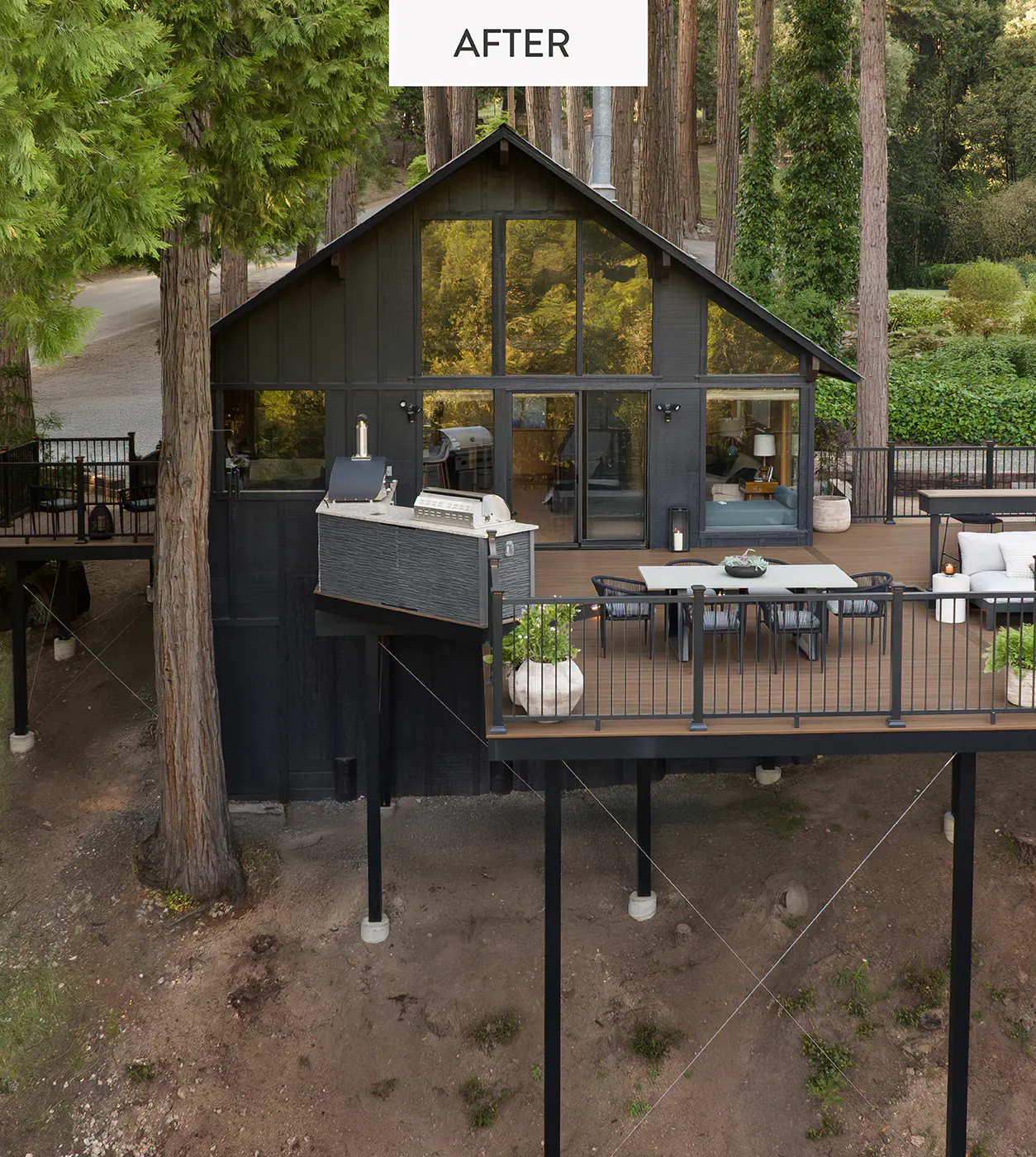 After image of Tiffani's deck from the same view, the deck is greatly expanded in size and outdoor furniture is situated around the deck