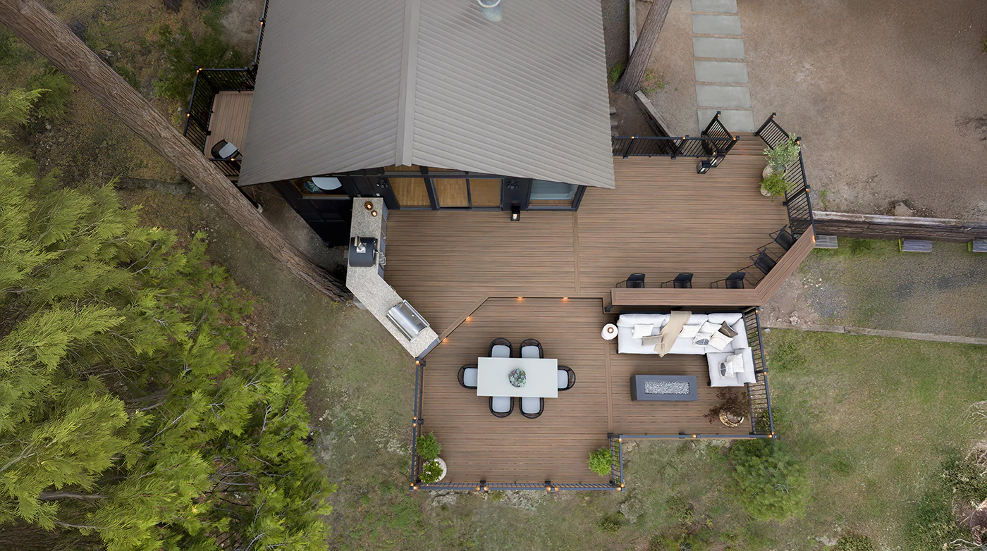 Aerial view of the deck shows two distinct outdoor living areas on the deck