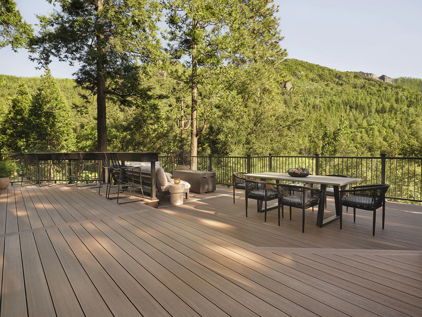 Angled view of Tiffani's deck with a forest in the background