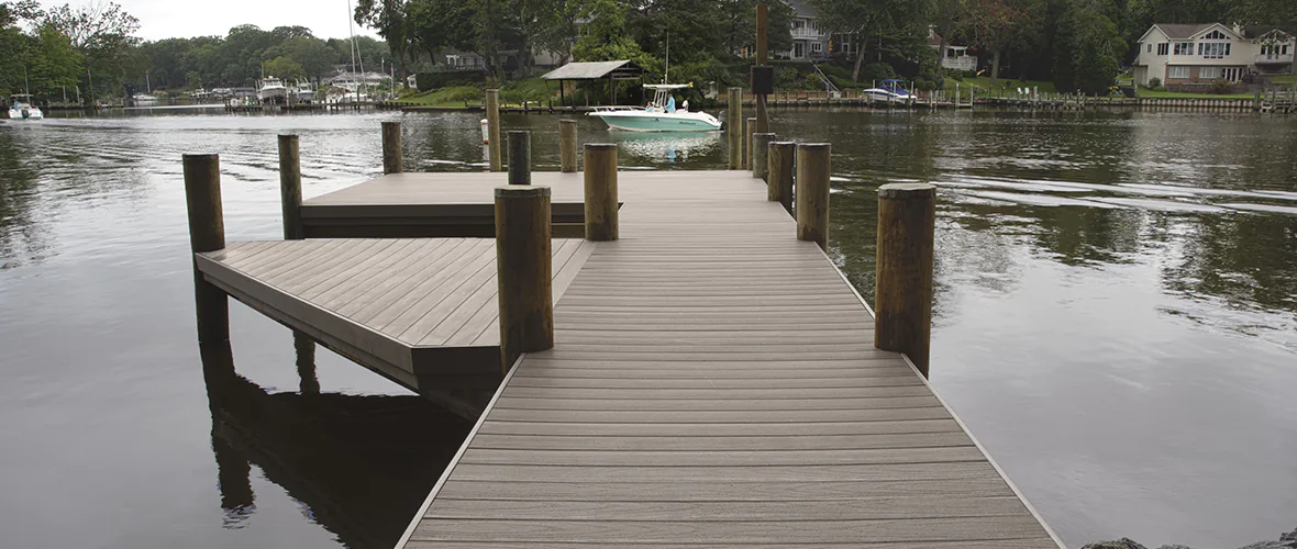Dock on a lake with extra wide deck boards