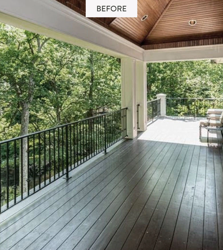 A dark brown deck with a dull-looking finish on the deck boards and uneven laying. The words "Before" are written on the top of the image.