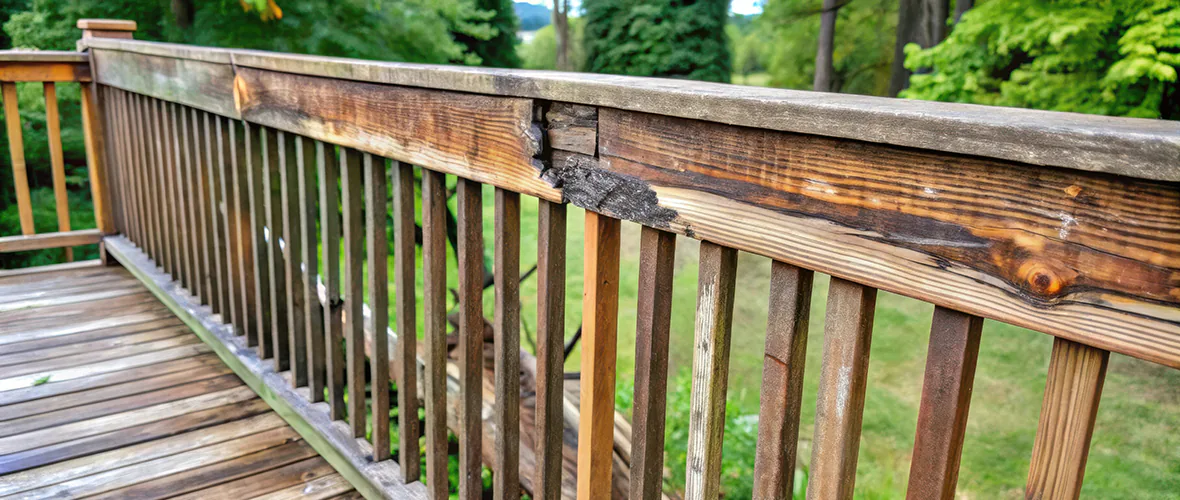 A wooden deck railing that shows major signs of discoloration from weathering and water damage.
